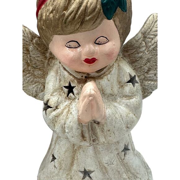 Christmas Ceramic PRAYING Angel Tea Light Candle Holder GILDED Stars Retro Decor - Picture 7 of 9